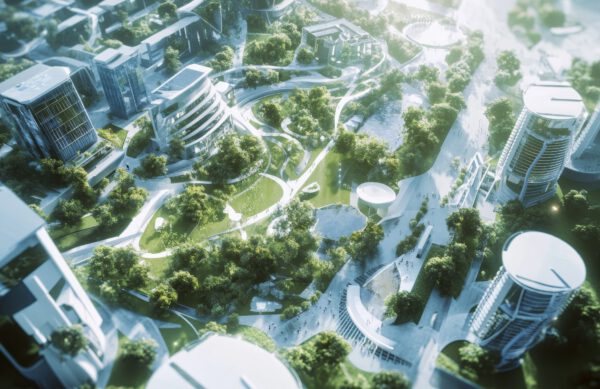 A modern city with smart homes and extensive parks from above.